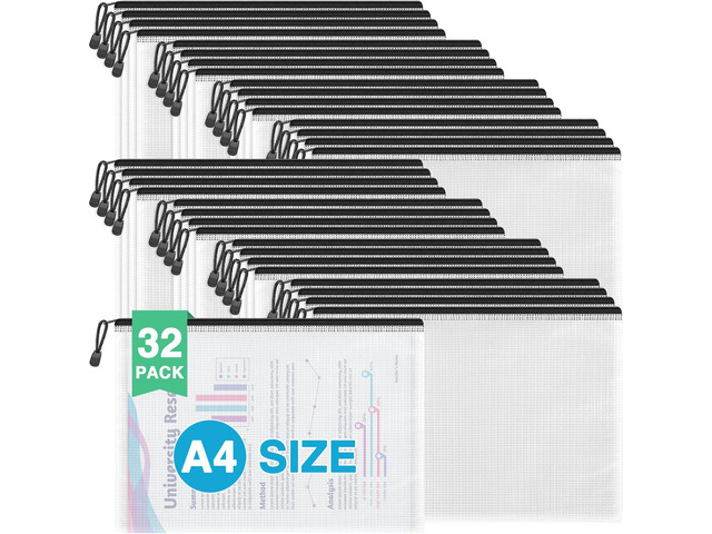 32 Pack A4 Mesh Zipper Pouch Bulk for Office Receipt & Puzzle Bulk Stroage, Waterproof Clear PVC Zipper Bags for Classroom Supplies, Puzzles,...