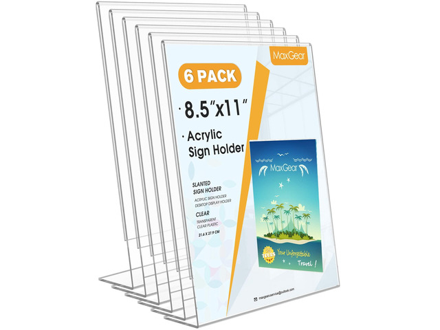 Acrylic Sign Holder, 8.5 x 11 L-Shape Plastic Display Stand, 6 Pack Clear Acrylic Material, L-Shape Design for Menus, Flyers and Signs, Easy Paper...