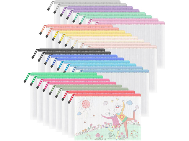 32 Pack A4 Mesh Zipper Pouch Bulk for Office Receipt & Puzzle 16 Colors (2 Per Color),Waterproof Clear PVC Zipper Bags for Classroom Supplies,...