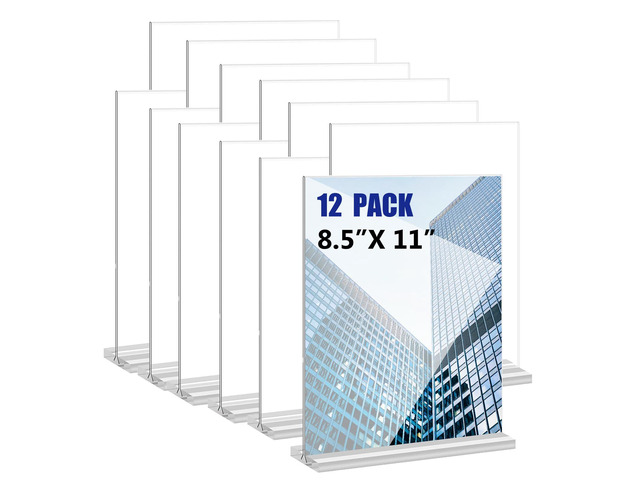 Acrylic Sign Holder 8.5x11 Inches 12 Pack T Shape Desktop Display Stand Vertical Double Sided Clear Table Menu Flyer Holder for Restaurants,...