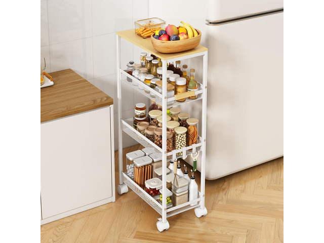 4-Tier Slim Utility Rolling Laundry Cart with Wheels, Easy to Assemble 9.1' Wide for Narrow Spaces, Wood Top with Metal Frame, Mobile Storage...