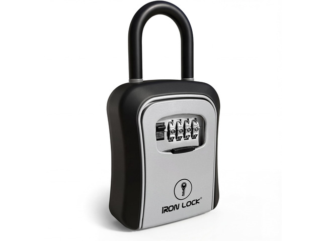 Medium Key Lock Box with Code, U-Shackle Opens Fully Out (Grey) Built-in key hooks + catch tray; hangs on handles, gates, fences or a hasp;...