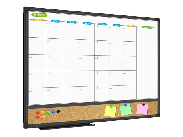 Magnetic Dry Erase Calendar Whiteboard, 24' x 18' Monthly Board White Board Cork Board Combo, Black Aluminum Frame Wall Mounted Board for Office...