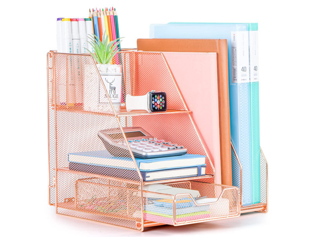 Rose Gold Desk Accessories, Office Supplies Desk Organizer Caddy with Sliding Drawer, Double Tray, File Organizer and pen holder for Home, Office...