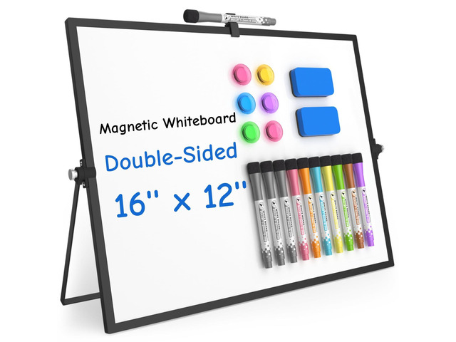 Magnetic Dry Erase Board with Stand, 16''x12'' Desktop Whiteboard Double-Sided White Board with Stand, Black White Board, Desk Whiteboard Portable,...
