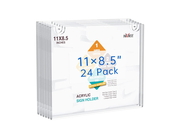 24-Packs Acrylic Wall Sign Holder 8.5x11 Horizontal, Clear Plastic Picture Frames, Wall Mounted Design