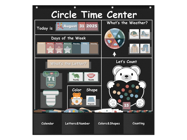 Circle Time Learning Center Pocket Chart for Classroom(Black) Printed Days of The Week with CardsLearning for Home or Kindergarten, Teacher Must...