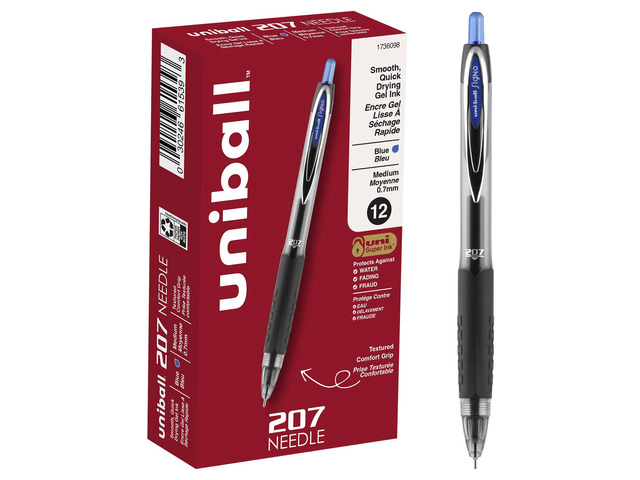uniball 207 Needle Gel Pens, Medium Point (0.7mm), Blue, 12 Pack Needle point for accurate straight-edge lines, fraud-resistant uni Super Ink,...