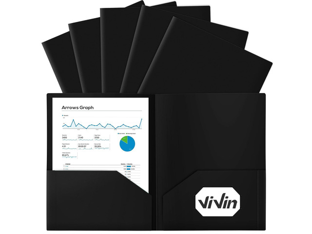 12 Pack Plastic Folders with Pockets (Black) Fits 8.5 x 11 Letter Size Papers, File Folders with Business Card Slot, 2 Pocket Folders for Home...