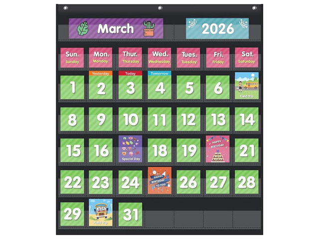 Classroom Monthly Calendar Pocket Chart with 71 Cards for Kids Learning for Home,Homeschool Supplies and Classroom Must Haves!(Black)