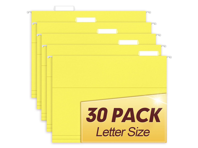 Hanging File Folders, 30 Pack Reinforced Letter Size Hanging Folders, Designed for Bulky Files, Filing Cabinet, 1/5-Cut Adjustable Tabs (Yellow)