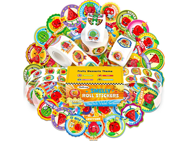 Reward Smelly Roll Stickers for Kids, 4 Rolls, 1200 PCS 4 Scent Scratch & Sniff Food Theme; Positive Reward for Classroom; Portable Drawer Box for...