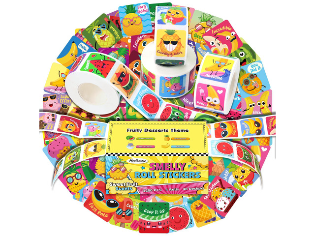 1200 Pcs Scratch and Sniff Scented Stickers for Kids 4 Rolls, 0.98 in; Smelly Motivational Reward Stickers; Classroom Teacher Must Haves; School...