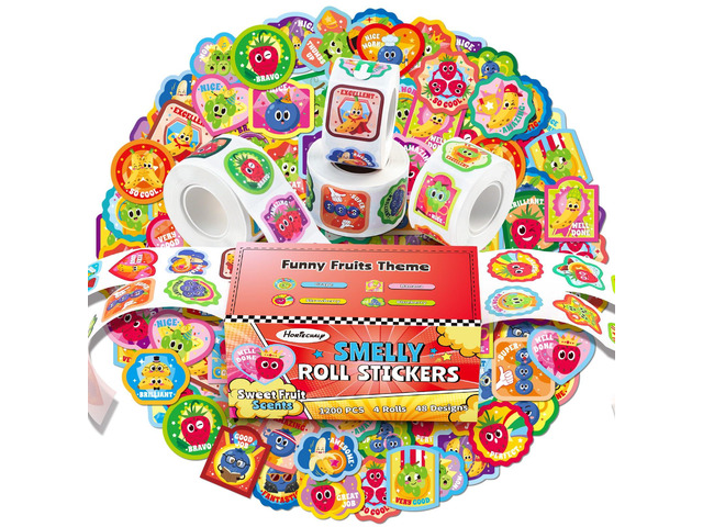 Scratch and Sniff Reward Stickers for Kids, 4 Rolls 1200 PCS 4 Scent Smelly Stickers Fruit Theme, Positive Reward for Classroom, Teacher, Students