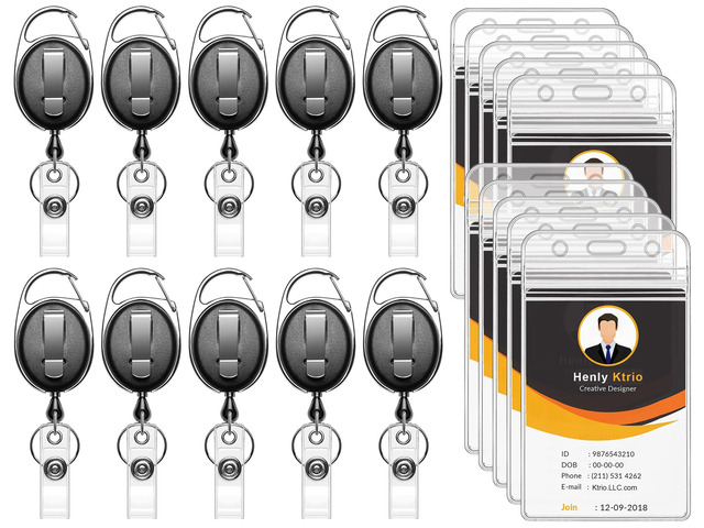 ID Badge Holder with Retractable Reel, Vertical, 10 Pack Fits 2.5x3.4' Cards, Clear Vertical Holder, 24' Retractable Badge Reel, Metal Clip & Key...
