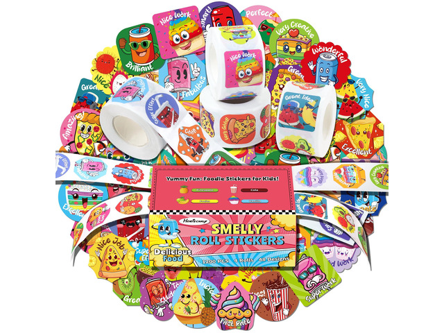 1200 PCS Smelly Roll Stickers for Kids, 4 Rolls 4 Scent Scratch & Sniff Food Theme; Positive Reward for Classroom; Portable Drawer Box for Travel,...