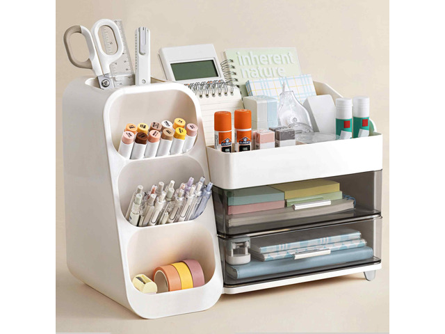 Desk Organizer with Pen Pencil Holder for Desk, Pen Organizer with 2 Drawers, Desk Organizers and Accessories with 4 Compartments, Desktop Storage...