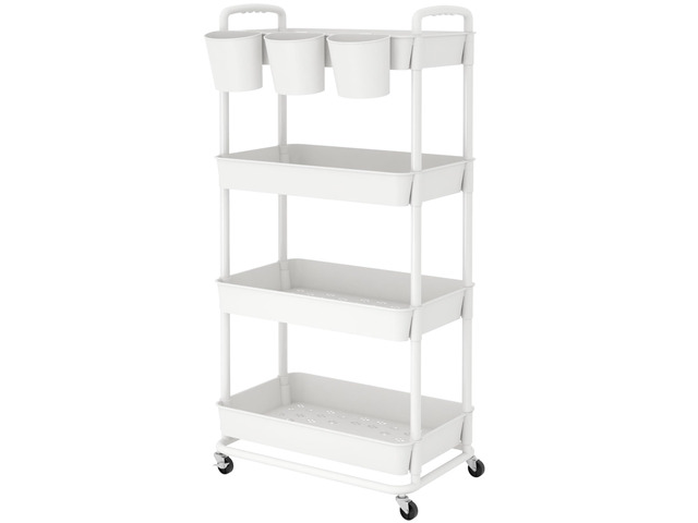 4-Tier Plastic Rolling Storage Cart Utility Cart White Utility Cart with Extra Hanging Cups Arc-Shaped Handles Lockable Wheels for Living Room...