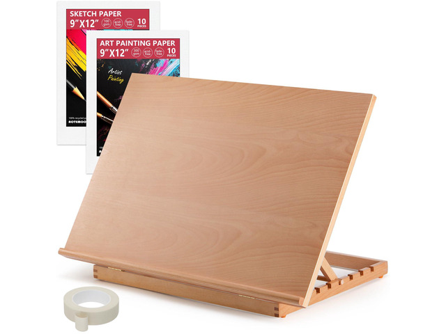 24.9'x17.3' Beechwood Tabletop Easel with Paint and Sketch Papers,Mask Tape Extra Large Adjustable Art Easel Stand, Drawing Board for Painting,...