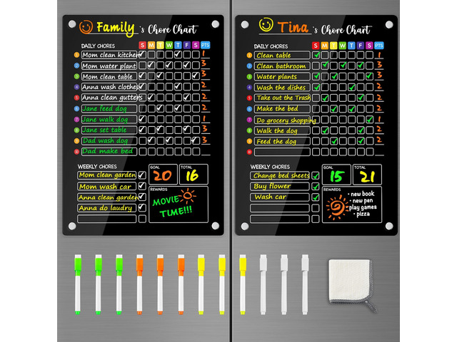 Black Acrylic Magnetic Chore Chart for Kids, 12x16 Inch, 2 Pack Large Clear Dry Erase Fridge Reward Board for Multiple Kids and Teens; Embedded...