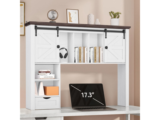 Large Desktop Bookshelf, 47.2' Desk Shelf with Sliding Barn Door Makeup Storage Rack Desktop Organizer Storage Rack with 7 Cubbies and Drawer Desk...
