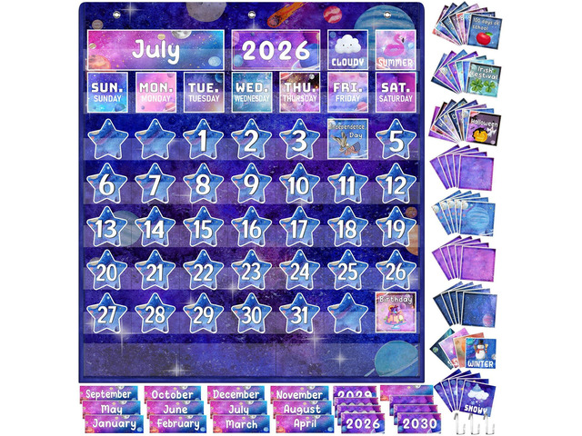 Galaxy Space Classroom Calendar Pocket Chart Set Calendar Decor Set Star Classroom Decor, Season Weather Month Year Cards, Fabric Pocket Chart for...