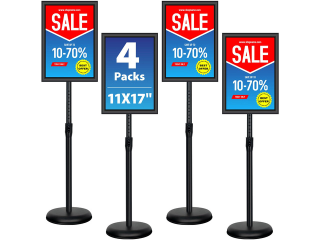 4 Pack Sign Holder Stands - 11 x17 inch Standing Sign Stand, Adjustable Poster Sign Holder Pedestal Floor Sign Stand, Aluminum Snap Open Frame for...
