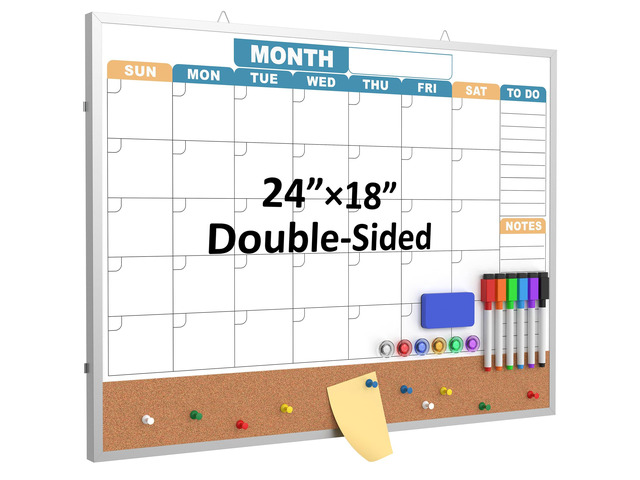 Monthly Calendar Dry Erase Board 24x18 Inch, Double-Sided Whiteboard and Corkboard Combo with Silver Aluminum Frame (Color Calendar), Wall Mounted...