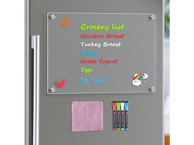 Acrylic Magnetic Whiteboard for Fridge, 16 x 12 Inch Clear Board Extra Large Writing Space, Strong Magnetic Hold, Smooth Writing and Easy Cleaning...