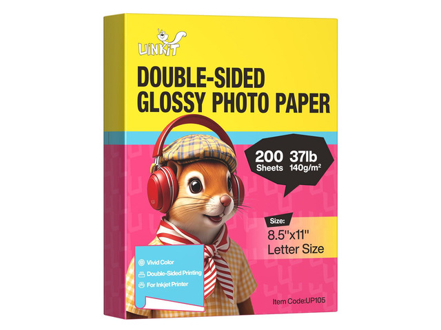 37lb Double-Sided Glossy Inkjet Photo Paper, 8.5x11, 200 Sheets 140gsm, 6.5mil thin paper for brochures, flyers, menus, calendars, chip bags,...