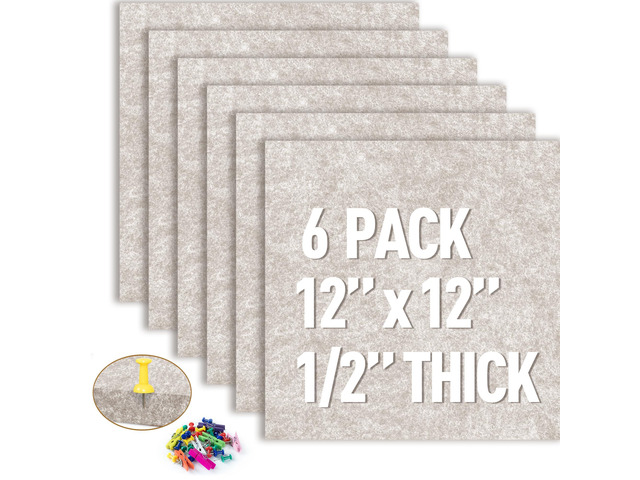 Cork Bulletin Board 12x12, 1/2' Thick Felt Cork Board Tiles 6 Pack, Small Square Pin Board for Wall, Self Adhesive Corkboards with 60 Push Pin Wood...