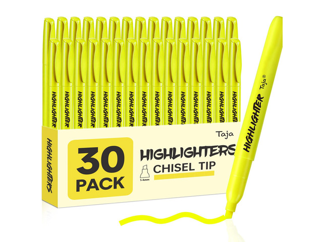 30 Pack Highlighters, Yellow, Chisel Tip with No Bleed Ink Highlighters with Smooth Broad & Precise Lines, Ideal for Journaling & Note Taking,...