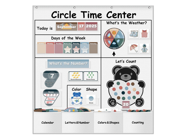 Circle Time Learning Center Pocket Chart for Classroom(white) Printed Days of The Week with CardsLearning for Home or Kindergarten, Teacher Must...