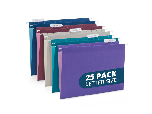 25 Hanging File Folders, Letter Size, Jewel Tones Reinforced 11pt, 1/5 Cut Tabs, Tabs and Inserts Included, Color-Coded Filing for Cabinet, Home,...