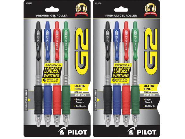 G2 Premium Refillable and Retractable Rolling Ball Gel Pens, Ultra Fine Point, Black/Blue/Red/Green Inks (31276) (Pack of 8)