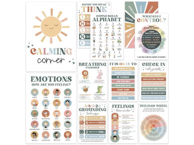 Calming Corner Classroom Posters, 12 Pack 10x14 Boho Feelings Chart Wheel Emotions, Calm Down Corner Supplies for Kids & Therapy Office Decor,...