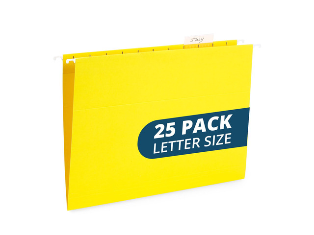 25 Hanging File Folders, Letter Size, Yellow Reinforced 12pt, 1/5 Cut Tabs, Plastic Tabs and Inserts Included, for Filing Cabinet, Home, and Office...