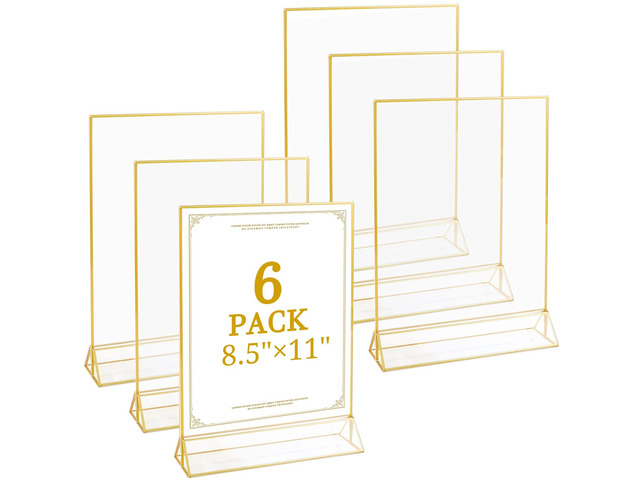6 Pack 8.5x11 Inch Clear Acrylic Sign Holders, Double-Sided Gold Display Stand Picture Frames for Table Numbers, Menus, Flyers, Weddings, and Offices