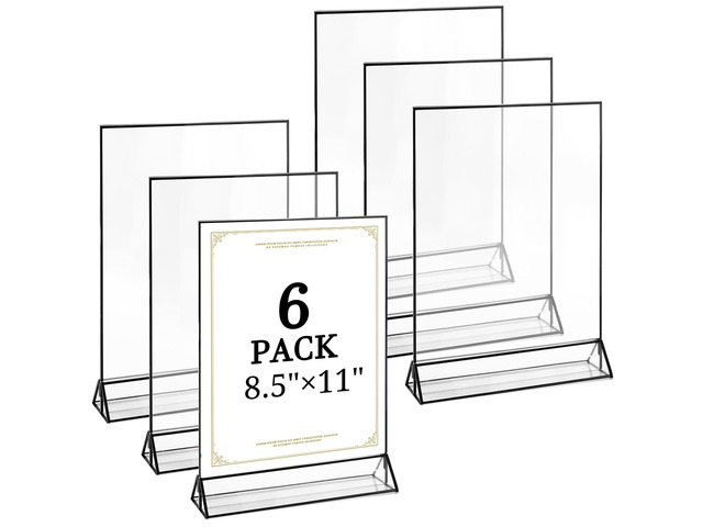6 Pack 8.5x11 Inch Clear Acrylic Sign Holders, Double-Sided Black Display Stand Picture Frames for Table Numbers, Menus, Flyers, Weddings, and Offices