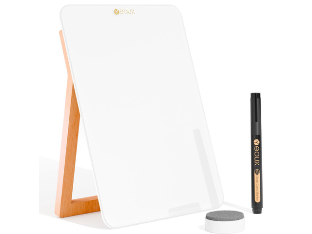 Desktop Glass Whiteboard with Reversible Wood Stand 9.5'x6.7' Solid Beech Wood & Tempered Glass, Desk Dry Erase Board, Small White Board, For Home...