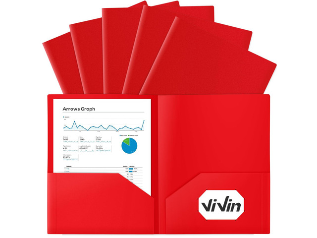 12-Pack Sturdy Plastic Folder with Pockets, Poly Folders with 2 Pocket, Plastic Pocket Folder with Business Card Slot, for School, Home, Office (Red)