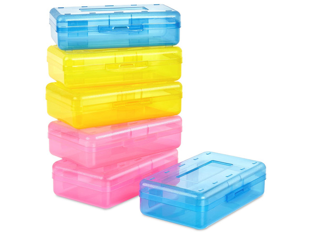 Plastic Pencil Case Box 6 Pack, Colored Large Craft Storage Bulk Plastic Containers with Snap-tight Lids, Hobby Art School Supply Organizer, Marker...