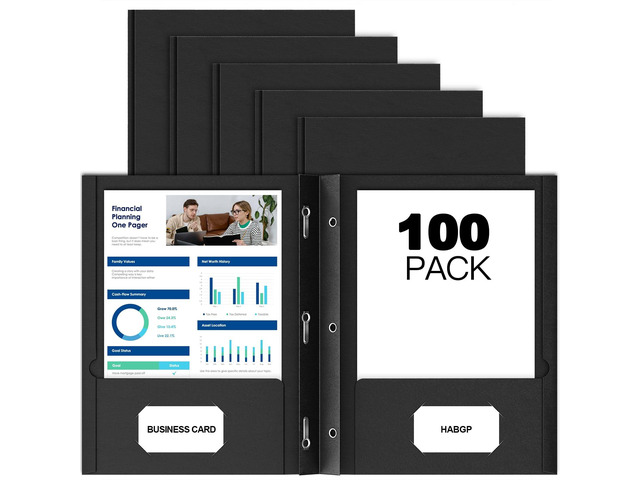 100 Pack Black Two Pocket Folder with Prongs, Paper Folders with Pockets Business Card Holder, Folders with Pocket, Fit Letter Size, Organizing...