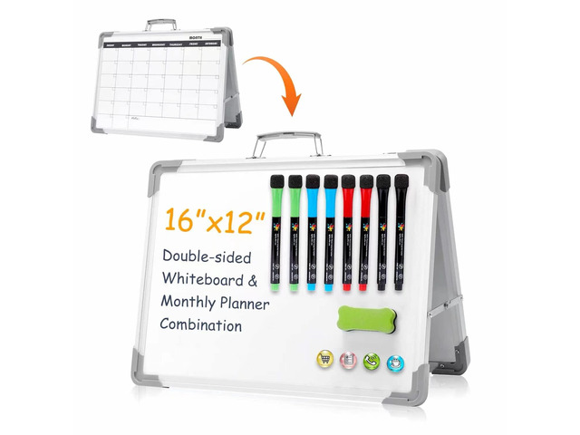 Dry Erase Board 16x12 Double Sided Magnetic Small Whiteboard with Stand Portable, Foldable, With Stand, Magnetic, Desk Top White Board for School...