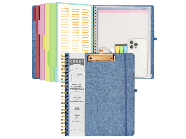 Foldable Spiral Clipboard Folio with Storage Zipper Pouch, 5 Plastic Folders with 10 Pockets, Refillable Lined Notepad (11' x 8.5'), Linen...