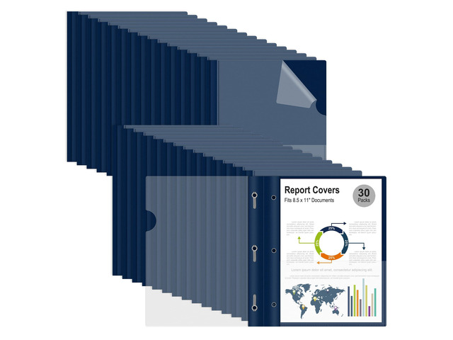 30 Packs Clear Front Report Covers with 3-Prong Fasteners Plastic Project Presentation Folders Resume Document Covers with Navy Blue Back for...
