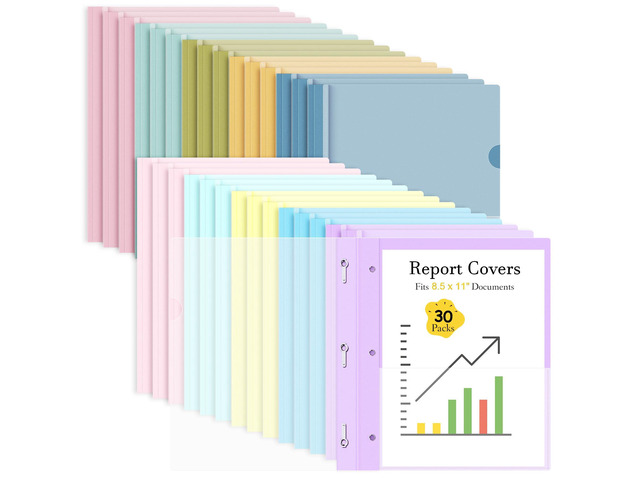 30 Pack Plastic Report Covers with 3-Prong Fasteners for Letter Size Clear Front Presentation Folders, Resume Folders for Interview, 10 Colors...