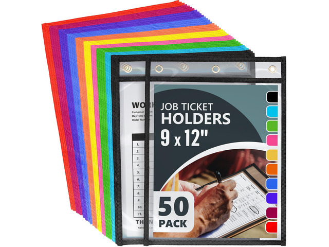 50 Pack Job Ticket Holders 9x12 inch - Colored Work Order Plastic Sleeves Shop Ticket Holders Dry Erase Pocket Sleeves Dry Erase Pockets Clear...