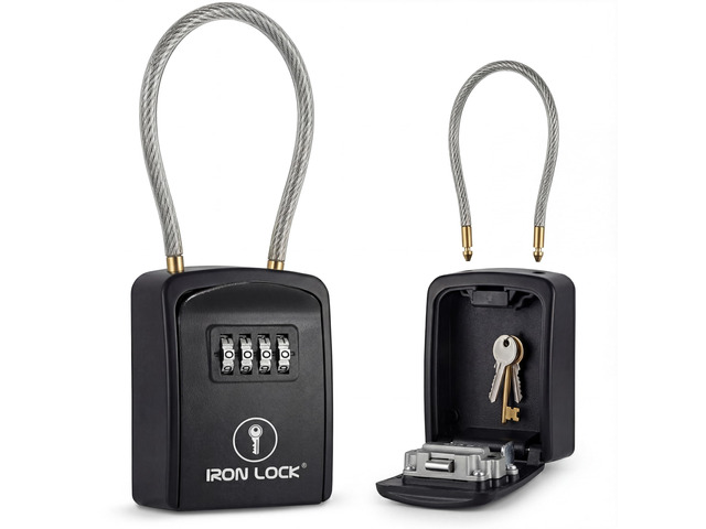Key Lock Box with Code, Portable Cable Shackle (Small, Black) Holds 2-3 house keys or an access card; 11-in steel cable loops on gate or rail;...