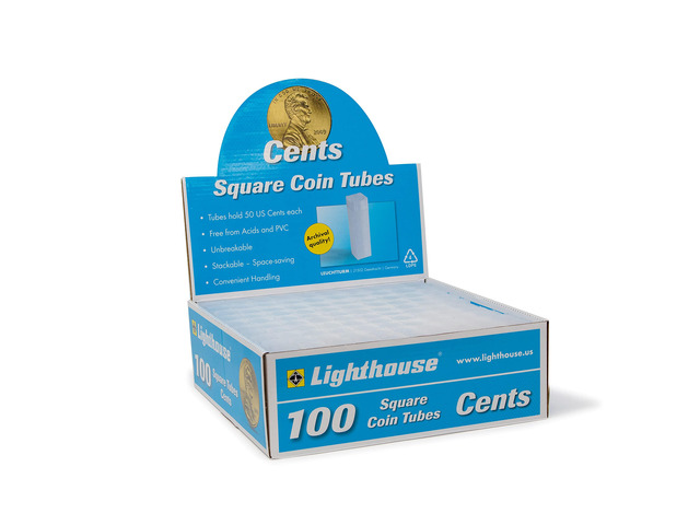 LIGHTHOUSE - Square Coin Tubes - Convenient Push Top, Virtually Unbreakable, Acid Free and Archival Quality - Coin Tubes for US Penny, 100 Pack